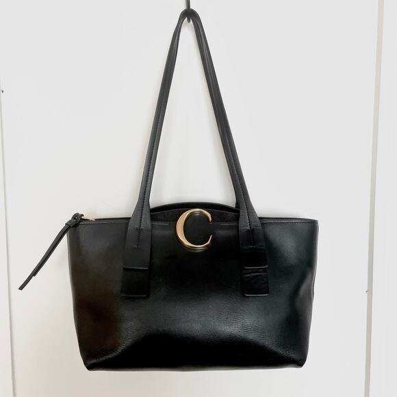 Chloe Shiny Black Leather C Zip Top Shopper Tote Shoulder Bag Carryall Small - Picture 1 of 11